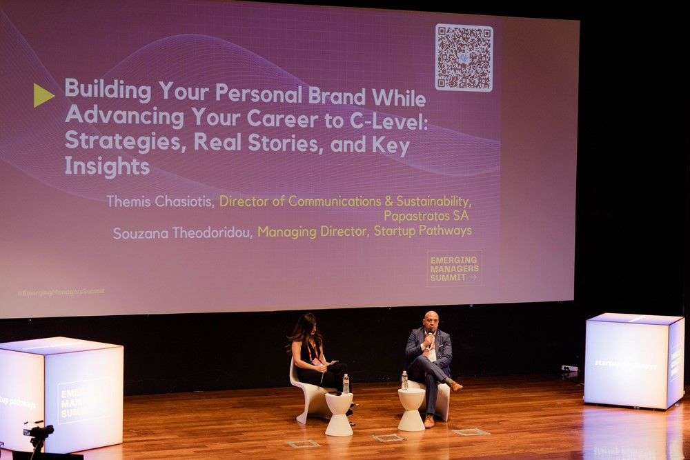 H Σουζάνα Θεοδωρίδου, Managing Director της Startup Pathways και ο Θέμης Χασιώτης, Γενικός ∆ιευθυντής Επικοινωνίας και Βιωσιμότητας της Παπαστράτος